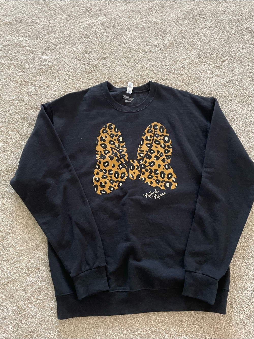 Minnie Mouse Black Crewneck Sweatshirt with Leopard Bow Graphic